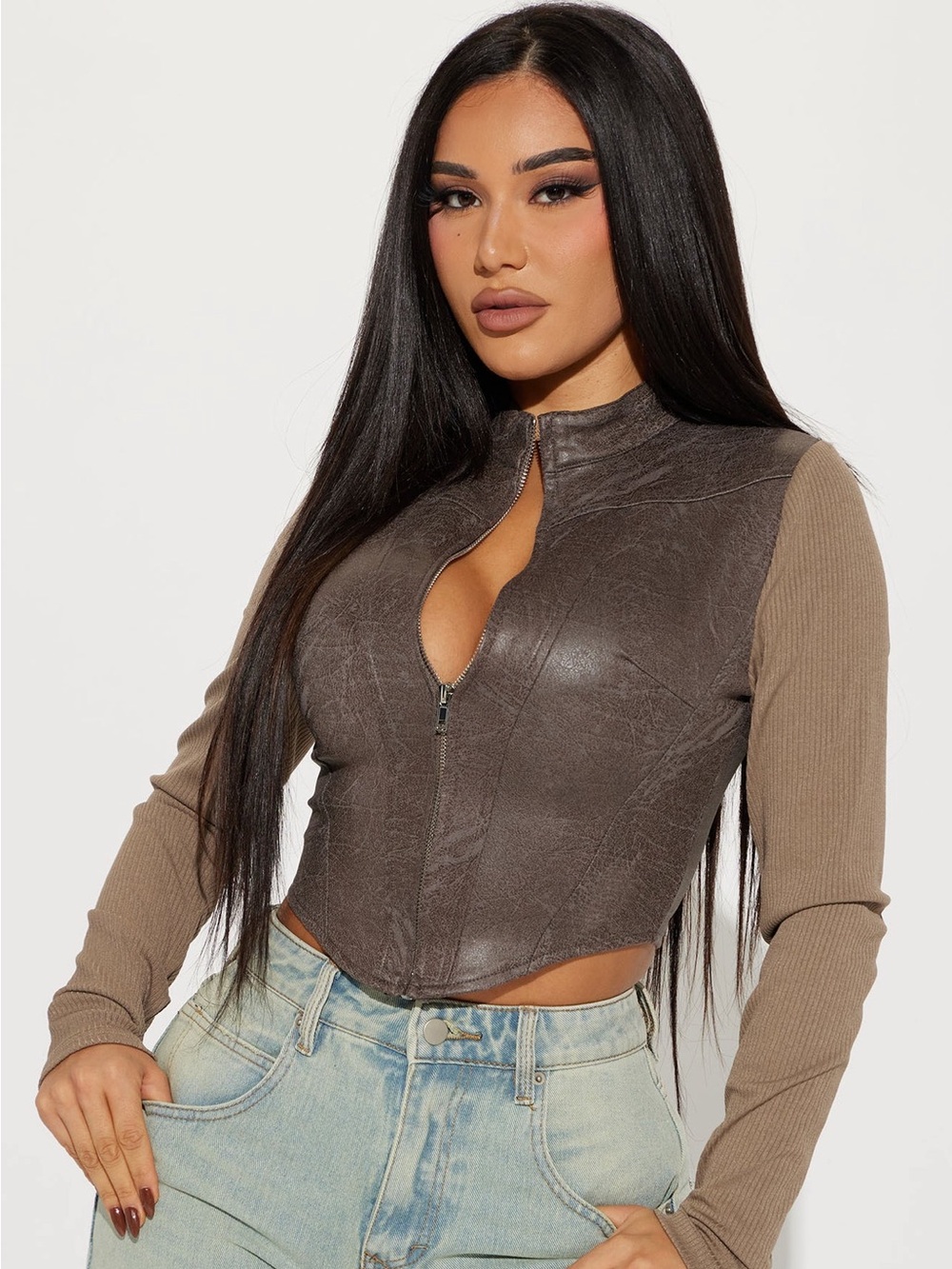 Fashion Nova Black Front Brown Sleeves Two-Tone Mock Neck Zip Jacket
